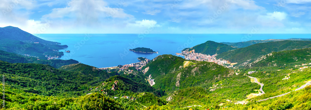 Aerial  panoramic view at old town in Budva and the Budva Riviera
