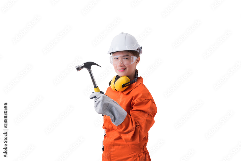 portrait of a woman worker in Mechanic Jumpsuit is holding hammer isolated on white background portrait of a woman worker in Mechanic Jumpsuit is holding hammer isolated on white background