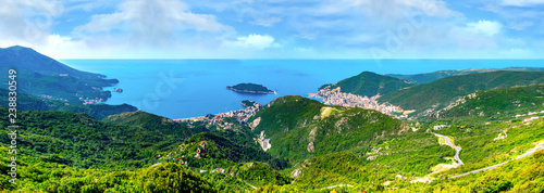 Aerial panoramic view at old town in Budva and the Budva Riviera