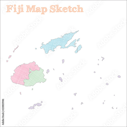 Fiji map. Hand-drawn country. Fetching sketchy Fiji map with regions. Vector illustration.