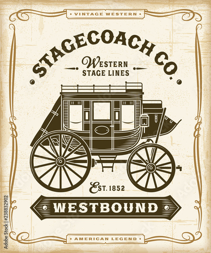 Vintage Western Stagecoach Label Graphics. Editable EPS10 vector illustration in woodcut style. photo