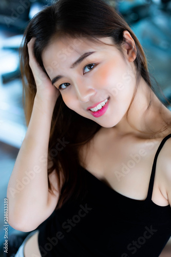 Portrait charming beautiful woman. Attractive beautiful sexy girl feel relax, happy with smiley face. Glamour woman has beautiful face, nice skin. Asia woman has good health, look after herself well