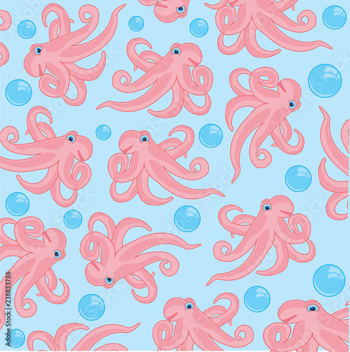 Animal octopus and bubble air on turn blue background