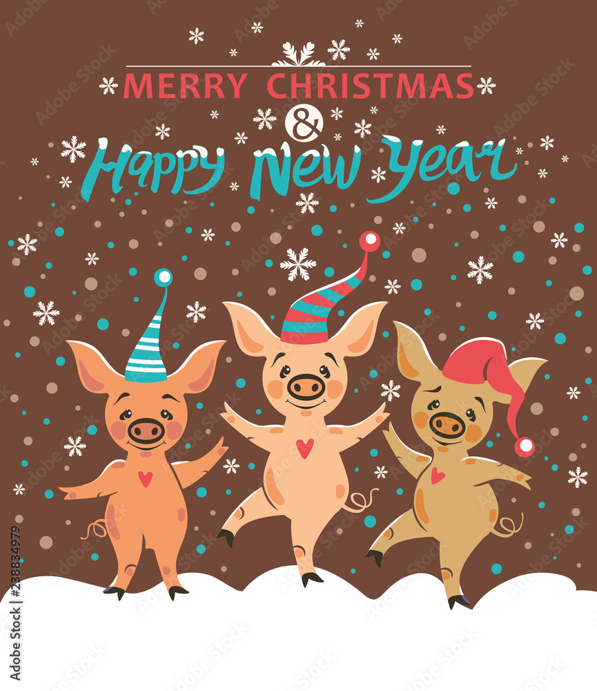 Christmas postcard with three pigs. Very cute pigs in holiday caps dance and rejoice in falling snow. Cute illustration with cartoon pigs. Merry Christmas and Happy New Year! Year of the Pig 2019.
