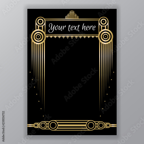 Art Deco page template, gatsby style for web and print, circles pattern with golden lines. Modern design for menu or flyer, luxury gentel 