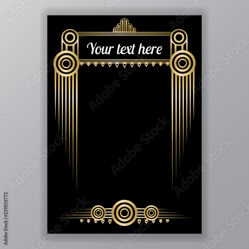 Art Deco page template, gatsby style for web and print, circles pattern with golden lines. Modern design for menu or flyer, luxury gentel  photo