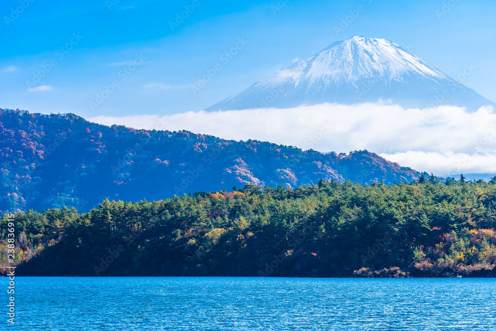 Beautiful landscape of mountain fuji with maple leaf tree around lake