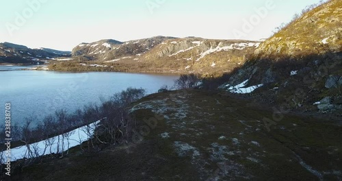 Aerial Footage of Beautiful Norway Landscape with rocks and Lake. photo