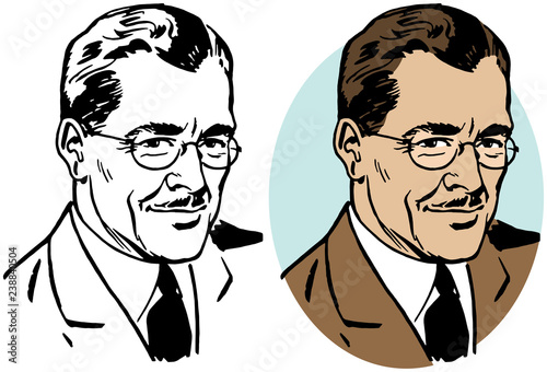 A distinguished businessman in a suit with a mustache and glasses.