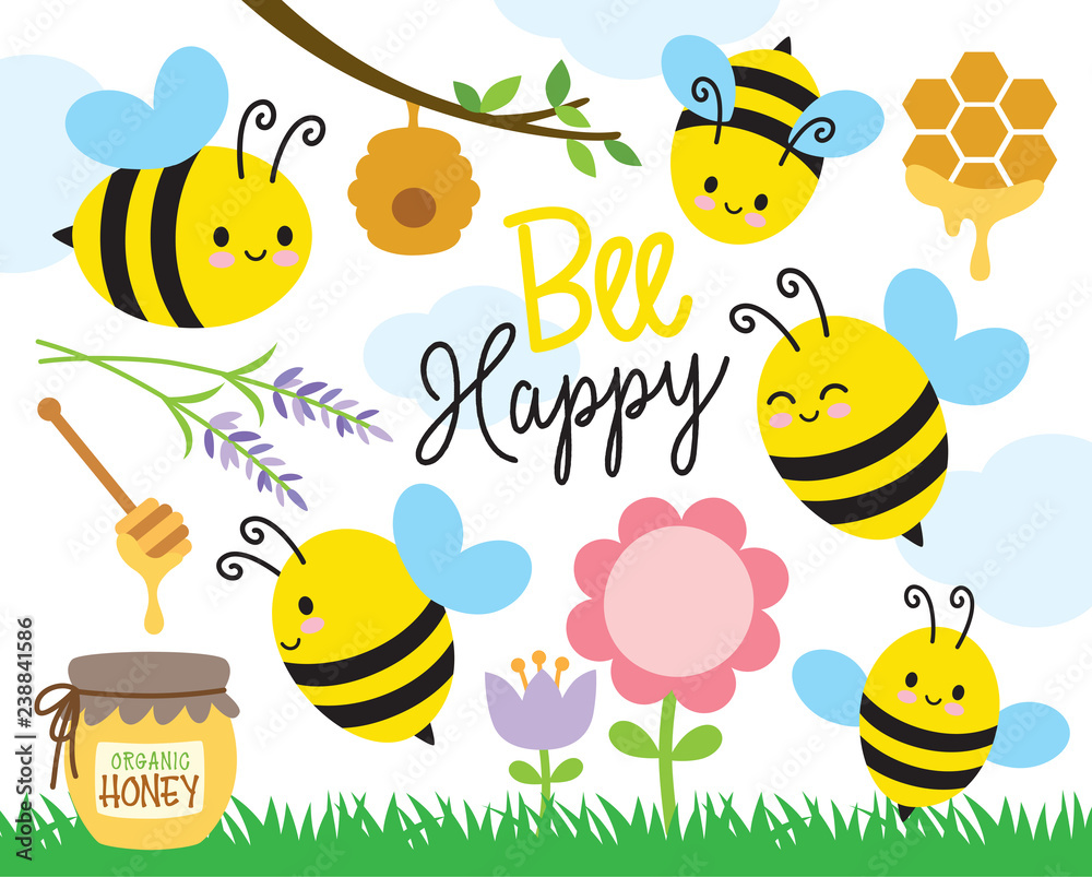 Vector illustration of cute bees and honey.