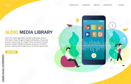 Audio media library landing page website vector template