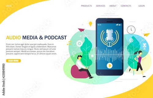Audio media and podcast landing page website vector template