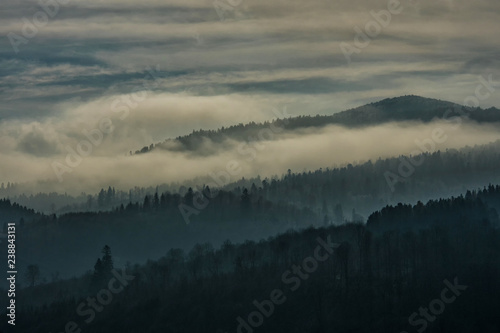 Clouds over the forest. Bieszczady Mountains.