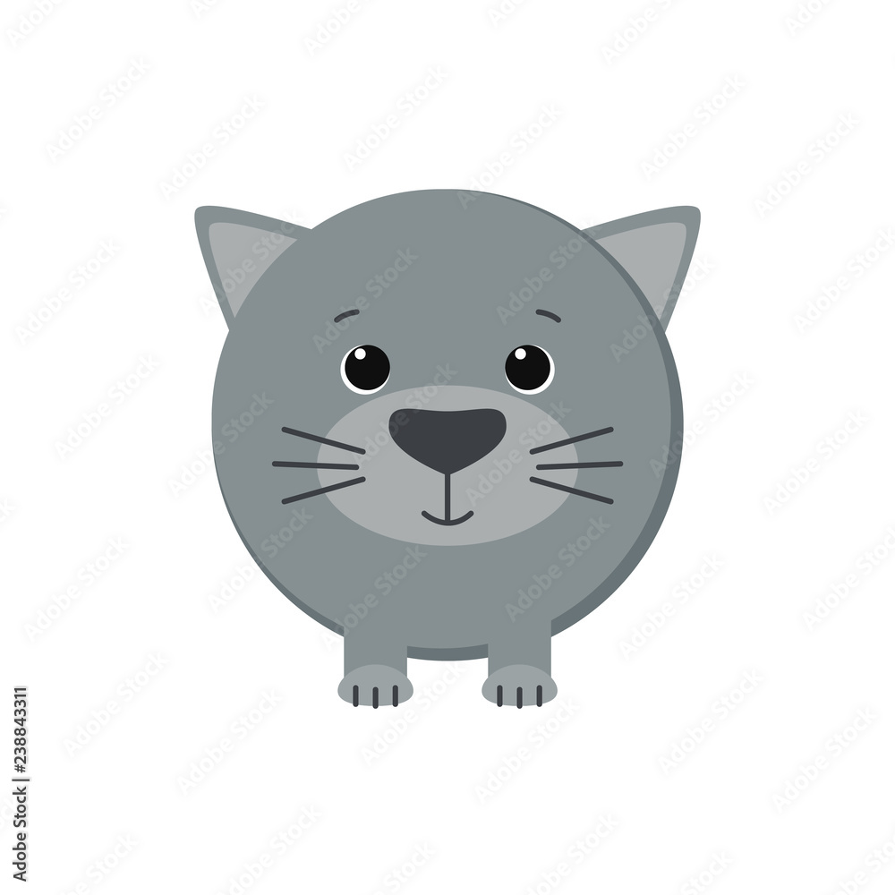 Cute grey kitten isolated on white background. Vector illustration. 