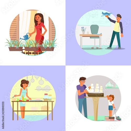 People enjoying their hobbies vector flat illustration