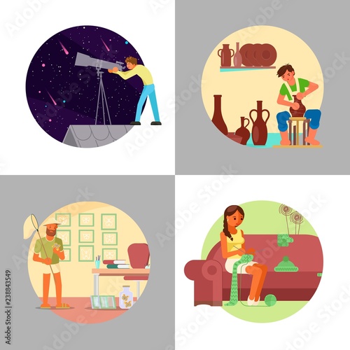 People enjoying their hobbies vector flat illustration