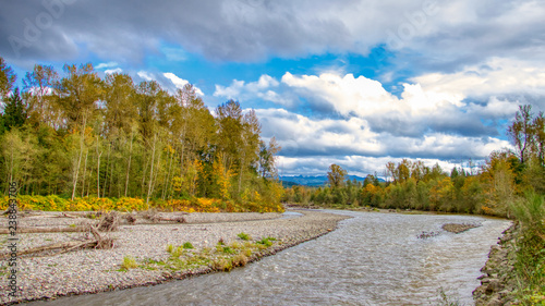 Washington state's Carbon River flows from Mt. Rainier through the town of Orting, where it eventually joins with the Puyallup River. 