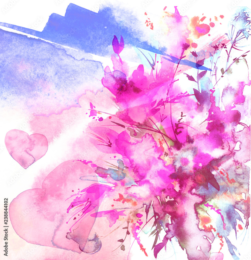 Watercolor bouquet of flowers, Beautiful abstract splash of paint, fashion illustration. Orchid flowers, poppy, cornflower, pink, purple, peony, rose, field or garden flowers. Watercolor abstract.