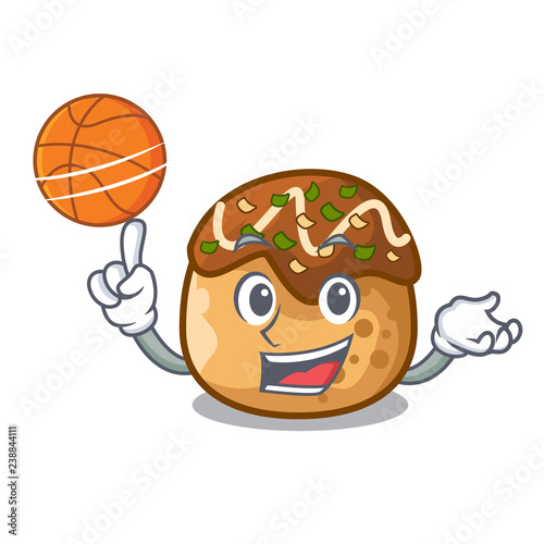With basketball cartoon cooking takoyaki in baked fire