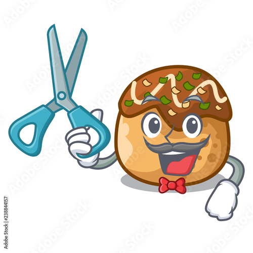Barber cartoon cooking takoyaki in baked fire