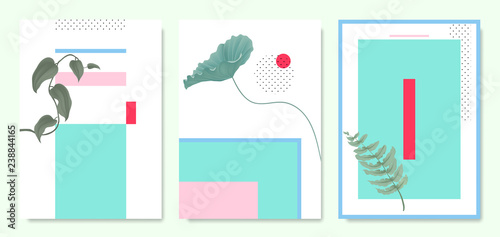 Minimalist botanical invitation card template design, plants and pastel symmetry shapes, blue and pink tones