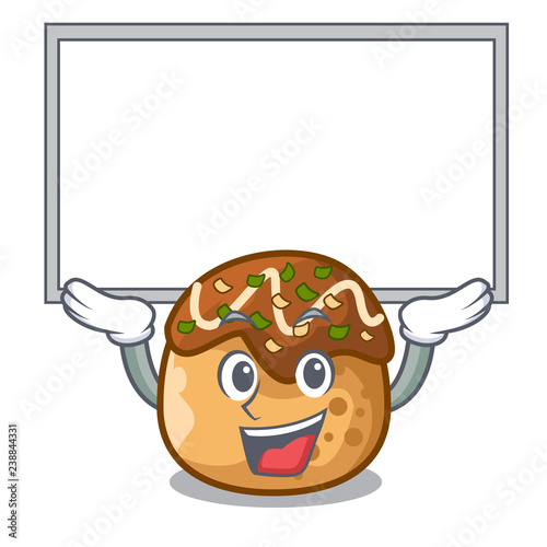 Up board cartoon cooking takoyaki in baked fire