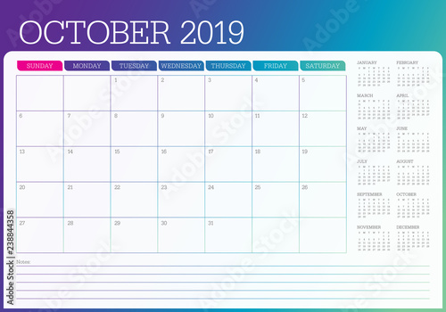 October 2019 monthly calendar vector illustration