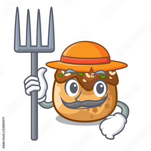 Farmer cartoon cooking takoyaki in baked fire