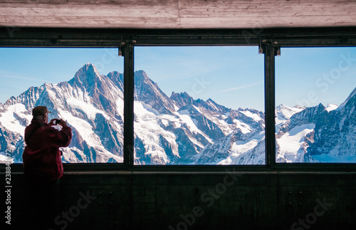 Panoramic view of  Eiger and Monch peaks from Eiger tunnel, Switzerland photo