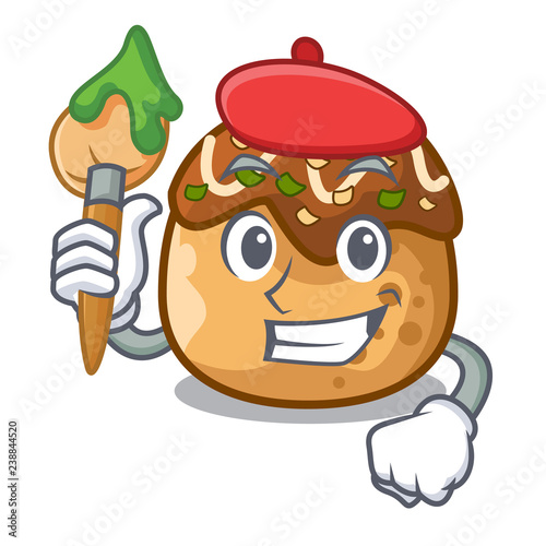 Artist cartoon cooking takoyaki in baked fire