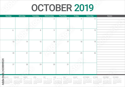 October 2019 monthly calendar vector illustration