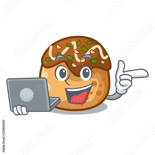 With laptop cartoon cooking takoyaki in baked fire