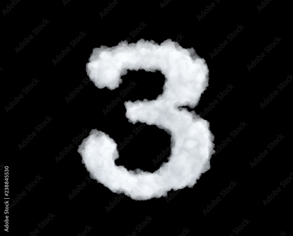 3d rendering of thick white cloud '3' number on black background 3d rendering of thick white cloud '3' number on black background