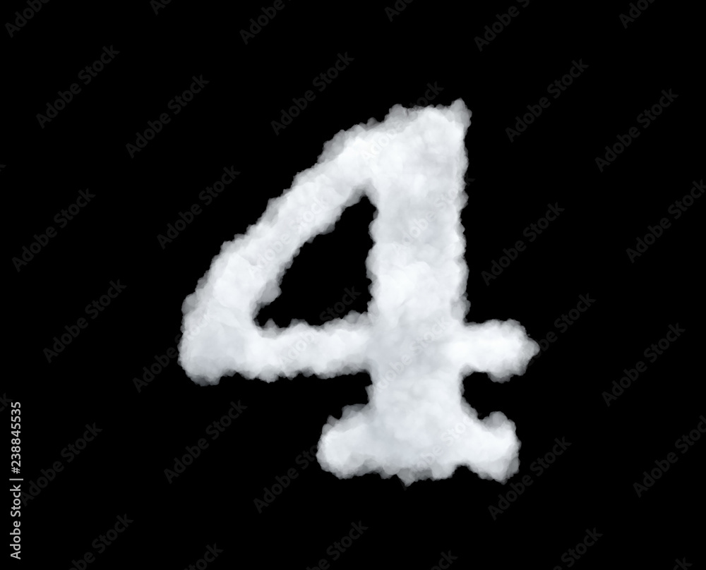 3d rendering of a cloud shaped as number 4 isolated on black background.