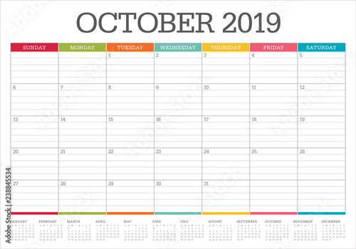 October 2019 monthly calendar vector illustration