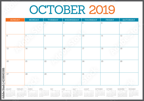 October 2019 monthly calendar vector illustration