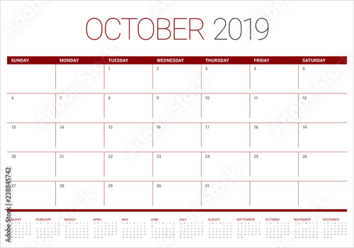 October 2019 monthly calendar vector illustration