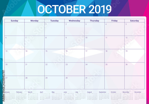October 2019 monthly calendar vector illustration