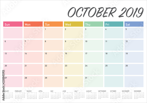 October 2019 monthly calendar vector illustration