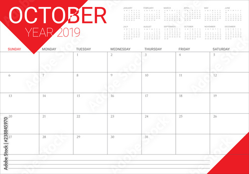 October 2019 monthly calendar vector illustration