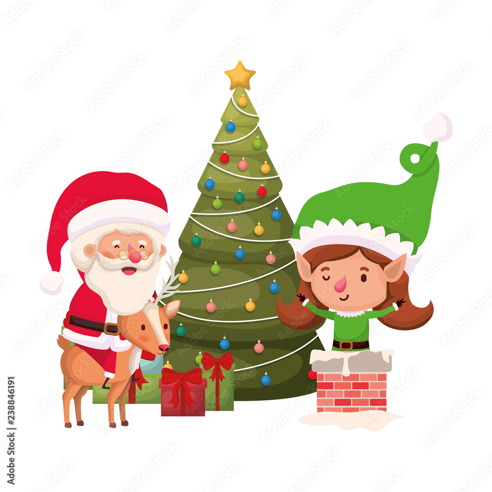 santa claus and elf woman with christmas tree santa claus and elf woman with christmas tree