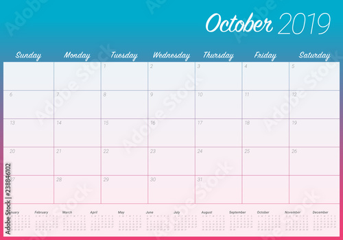 October 2019 monthly calendar vector illustration