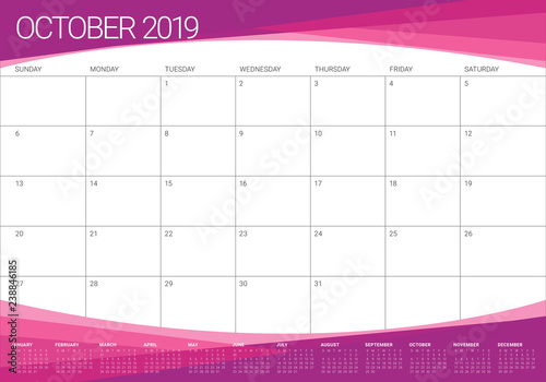 October 2019 monthly calendar vector illustration