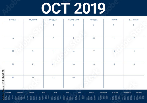 October 2019 monthly calendar vector illustration