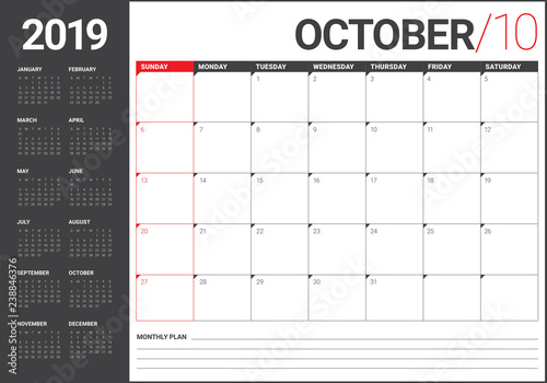 October 2019 monthly calendar vector illustration