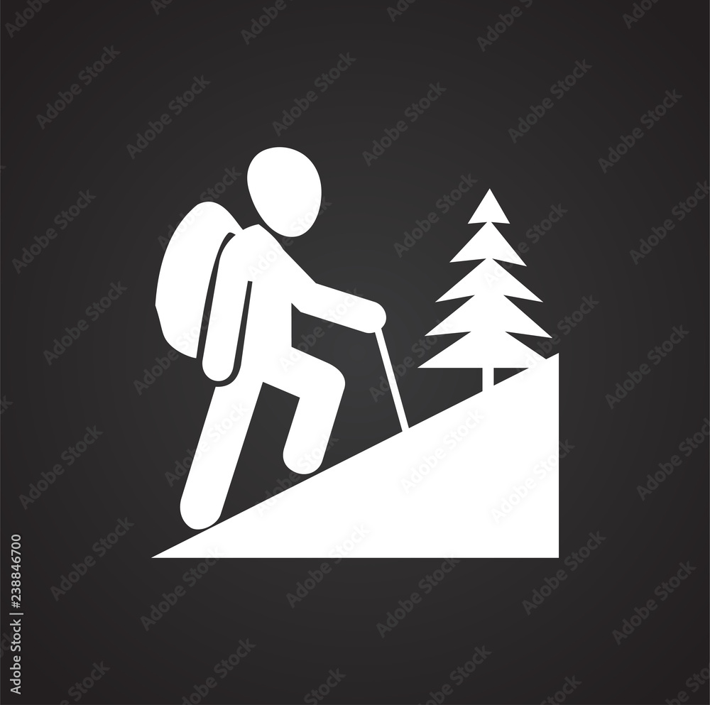 Hiking icon on black background for graphic and web design, Modern simple vector sign. Internet concept. Trendy symbol for website design web button or mobile app Hiking icon on black background for graphic and web design, Modern simple vector sign. Internet concept. Trendy symbol for website design web button or mobile app