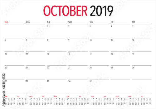 October 2019 monthly calendar vector illustration