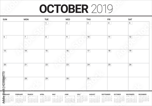 October 2019 monthly calendar vector illustration