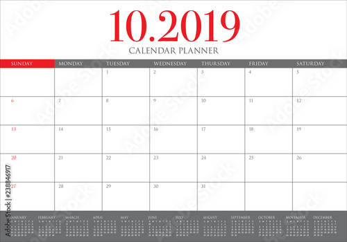 October 2019 monthly calendar vector illustration