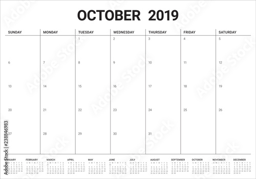 October 2019 monthly calendar vector illustration
